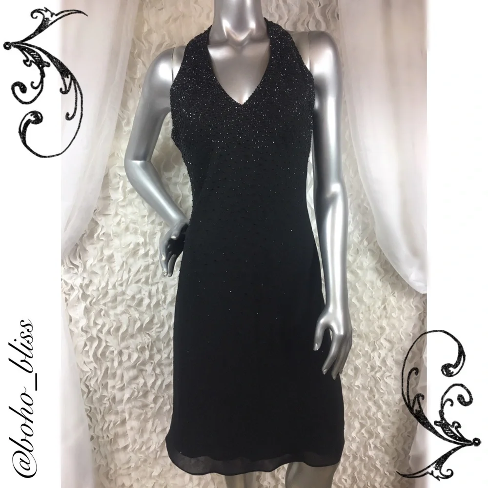 CACHET | Beaded V Neck Black Cocktail Dress